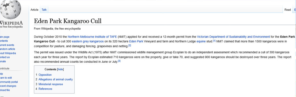 Eden Park Kangaroo Cull Wikipedia - Northern Melbourne Institute of TAFE NMIT