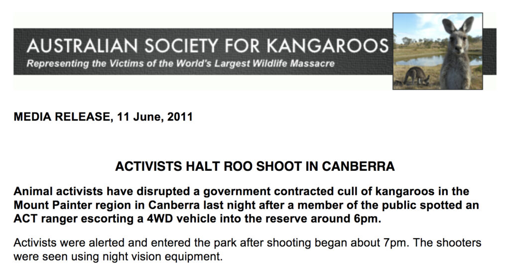 Activists halt roo shoot in Canberra 2011 Press Release