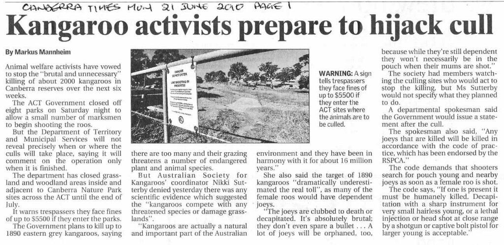 Kangaroo activists prepare to hijack cull in Canberra 2010